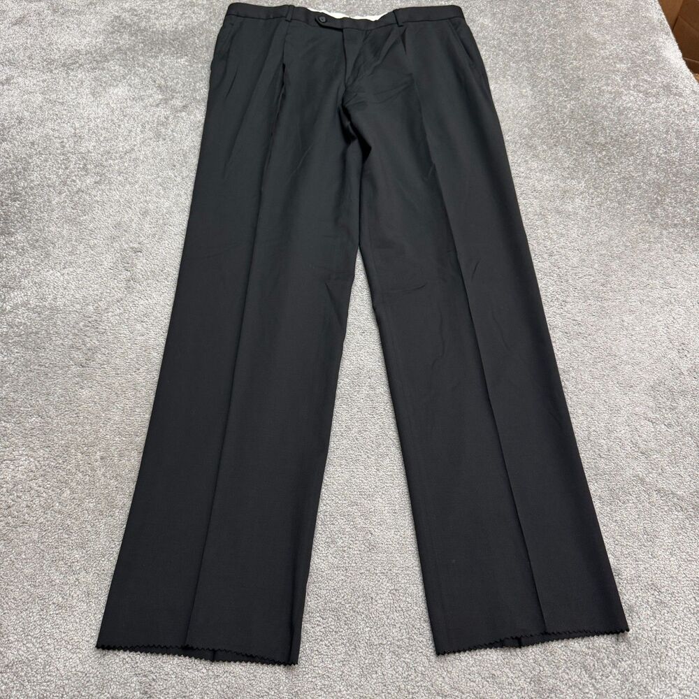 Hugo Boss Super 100 Virgin Wool Pleated Dress Pants Men 42R Black Unhemmed Fit